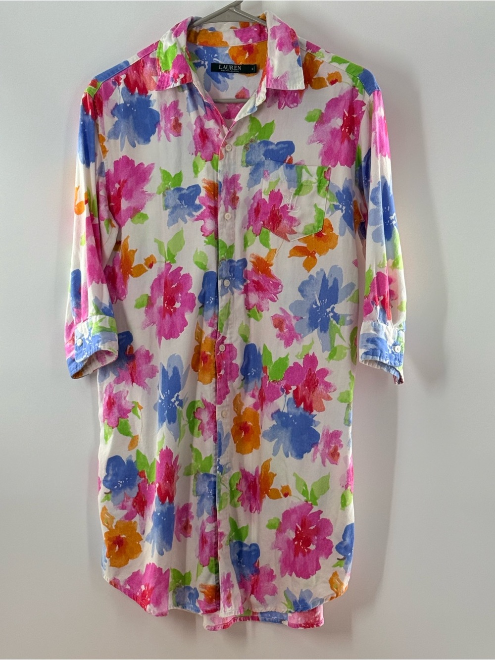 Lauren Ralph Lauren White Floral Nightgown shirt with Pink, Blue & Orange Blooms
